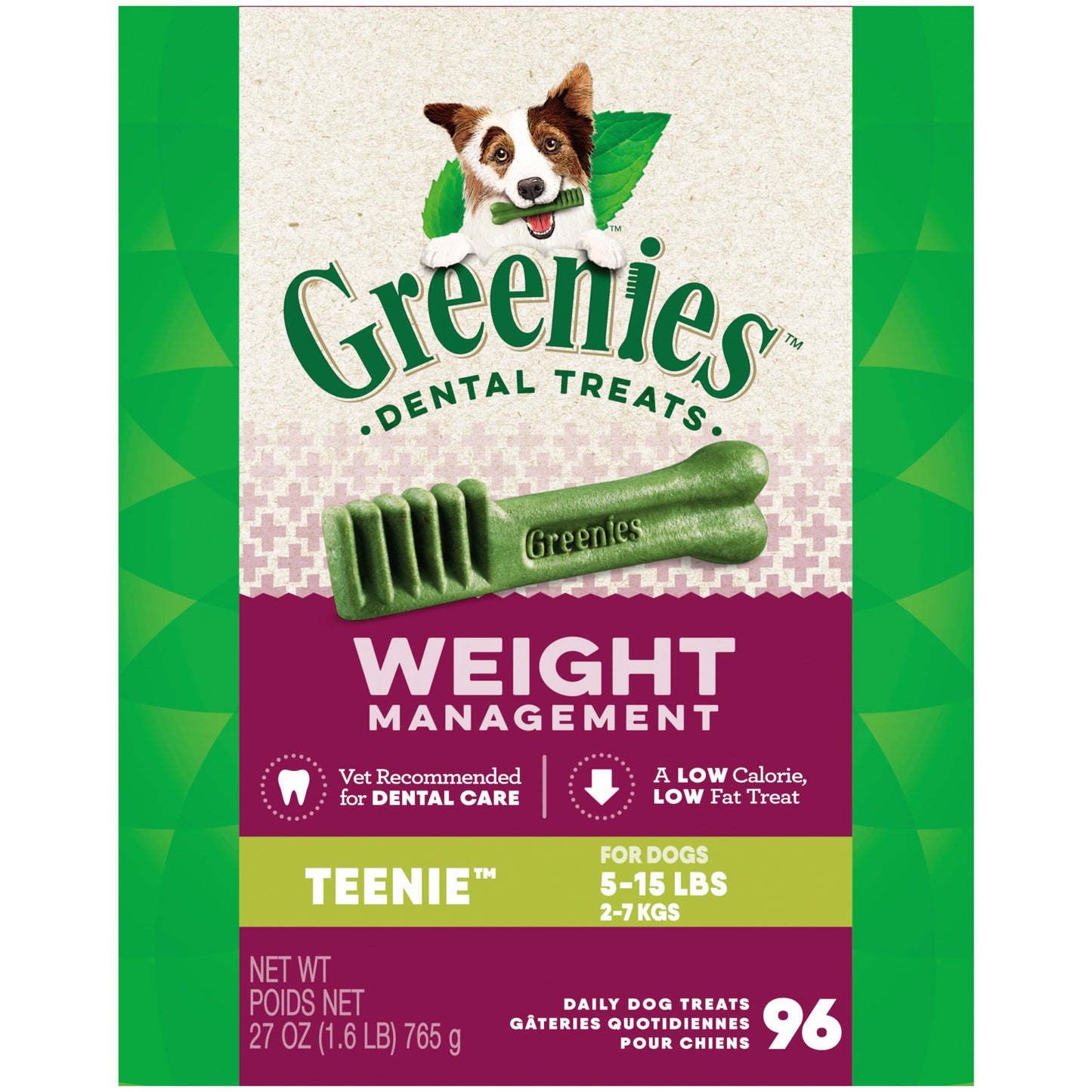 Greenies Weight Management Teenie Dog Dental Chews Weight Control Dog Treats, 27 oz. Pack (96 Treats)