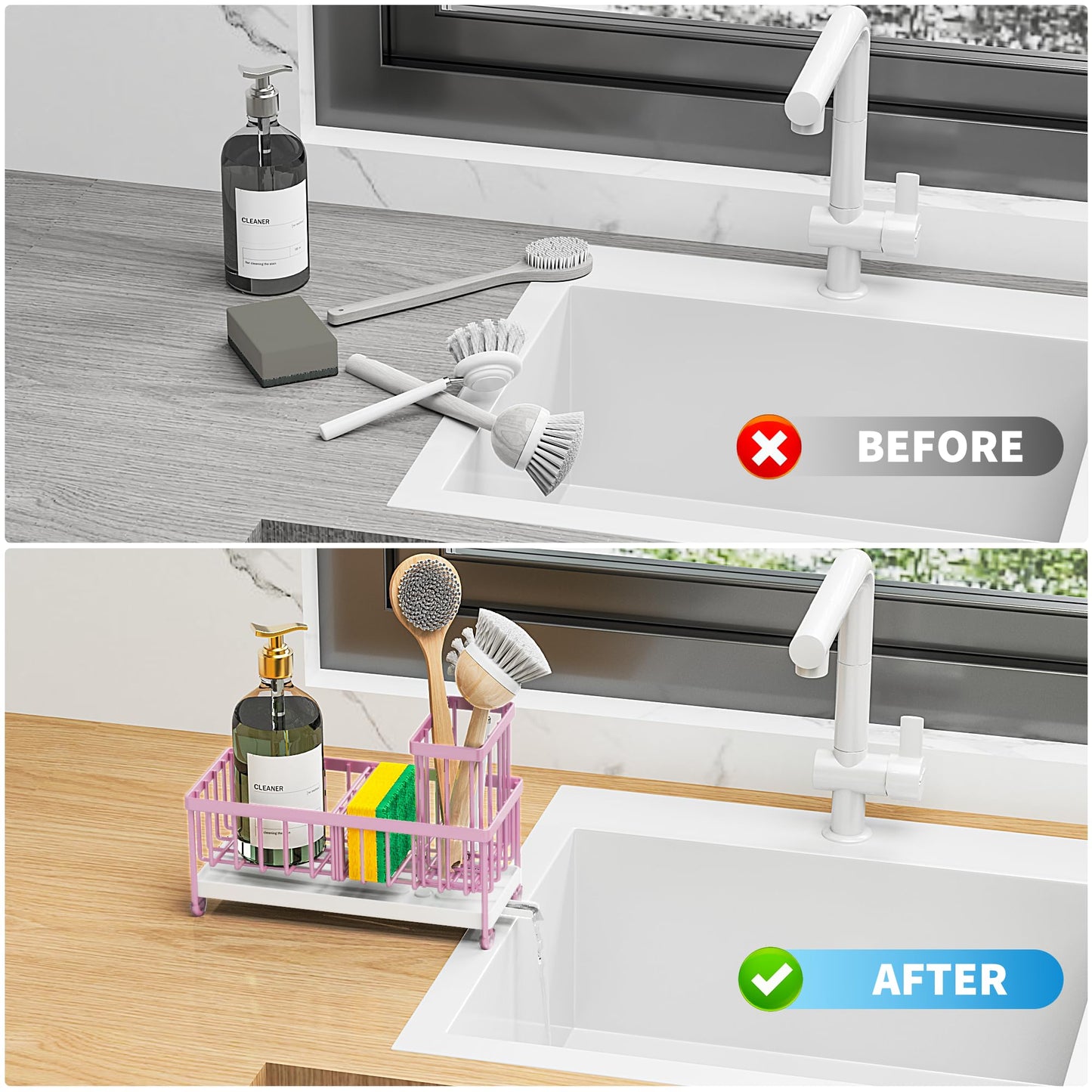 Cisily Pink Sponge Holder for Kitchen Sink, Sink Caddy Organizer with High Brush Holder, Countertop Organizers and Storage Essentials, Rustproof 304 Stainless Steel, Pink kitchen Accessories and Decor
