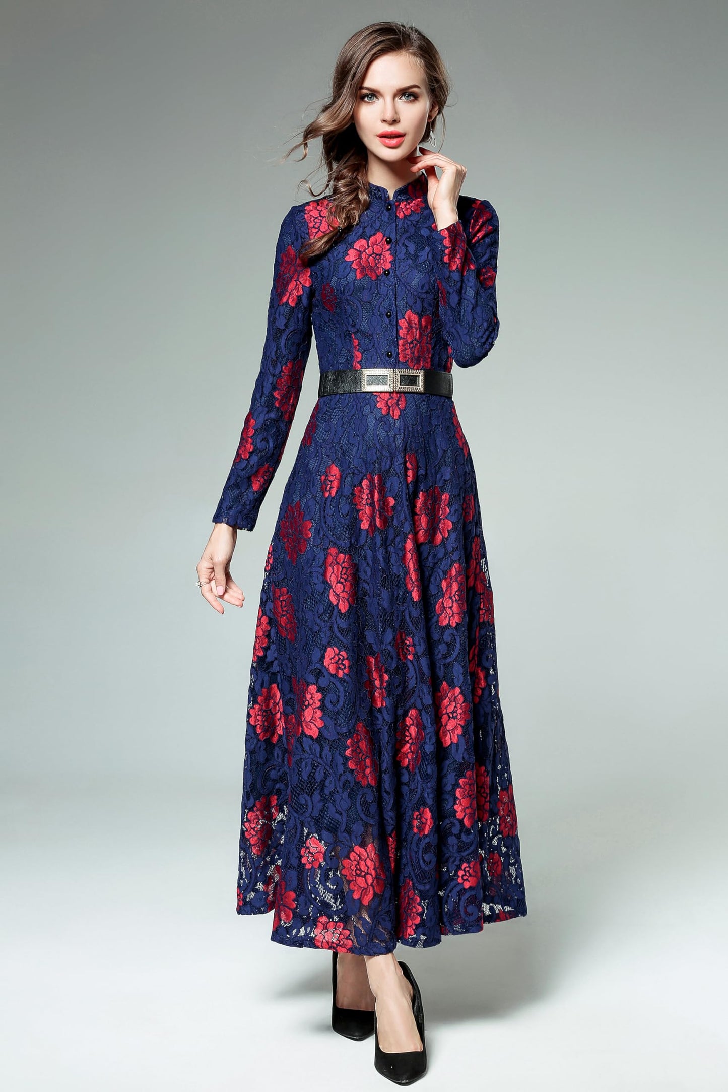LAI MENG FIVE CATS Women's Flowy Lace Floral Hollow Out Short Sleeve Dress with Belt Navy Red