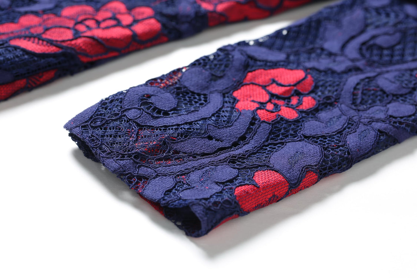 LAI MENG FIVE CATS Women's Flowy Lace Floral Hollow Out Short Sleeve Dress with Belt Navy Red