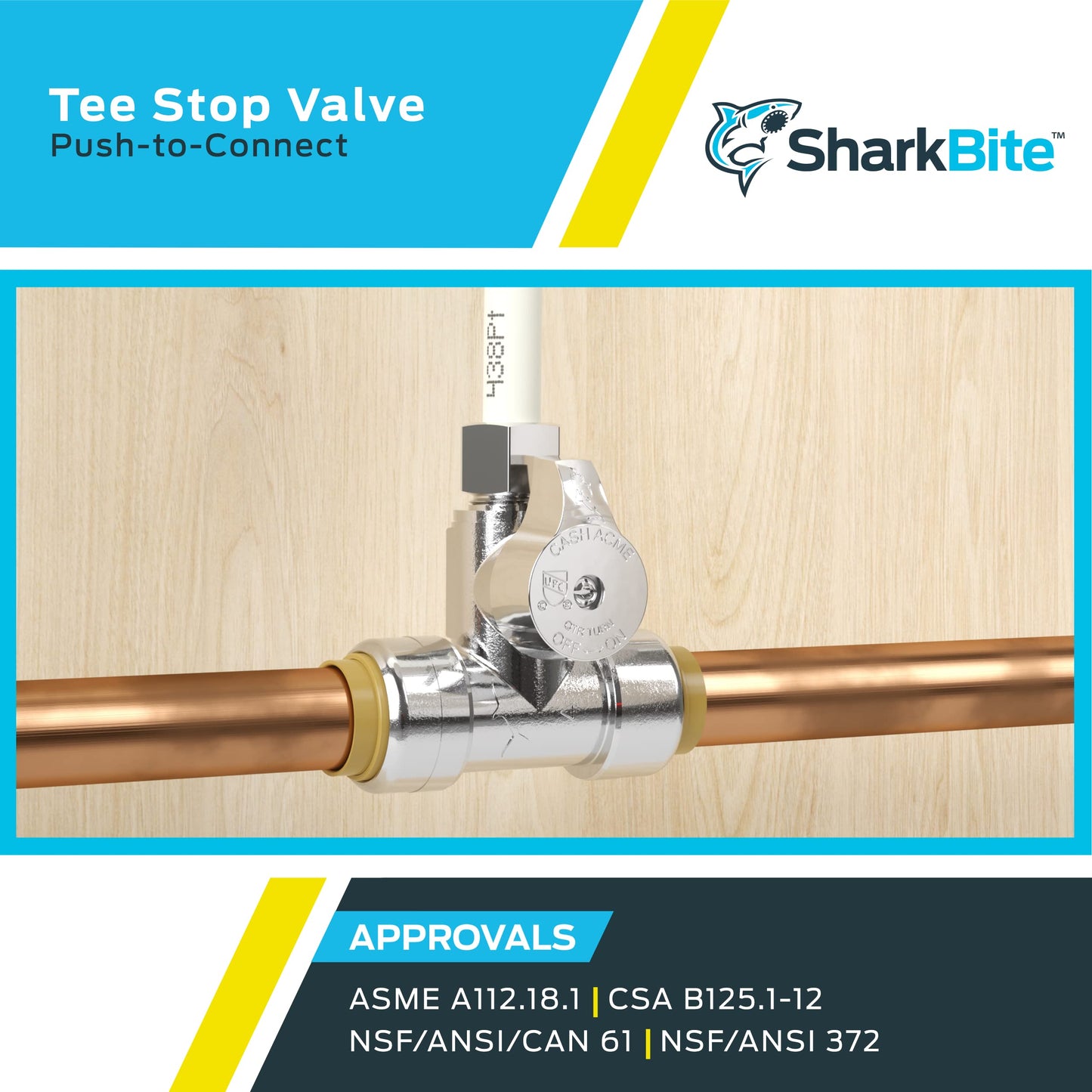 SharkBite 3/4 x 3/4 x 3/8 Inch Compression Tee Stop Valve, Push to Connect Brass Plumbing Fitting, PEX Pipe, Copper, CPVC, PE-RT, HDPE, 24986A
