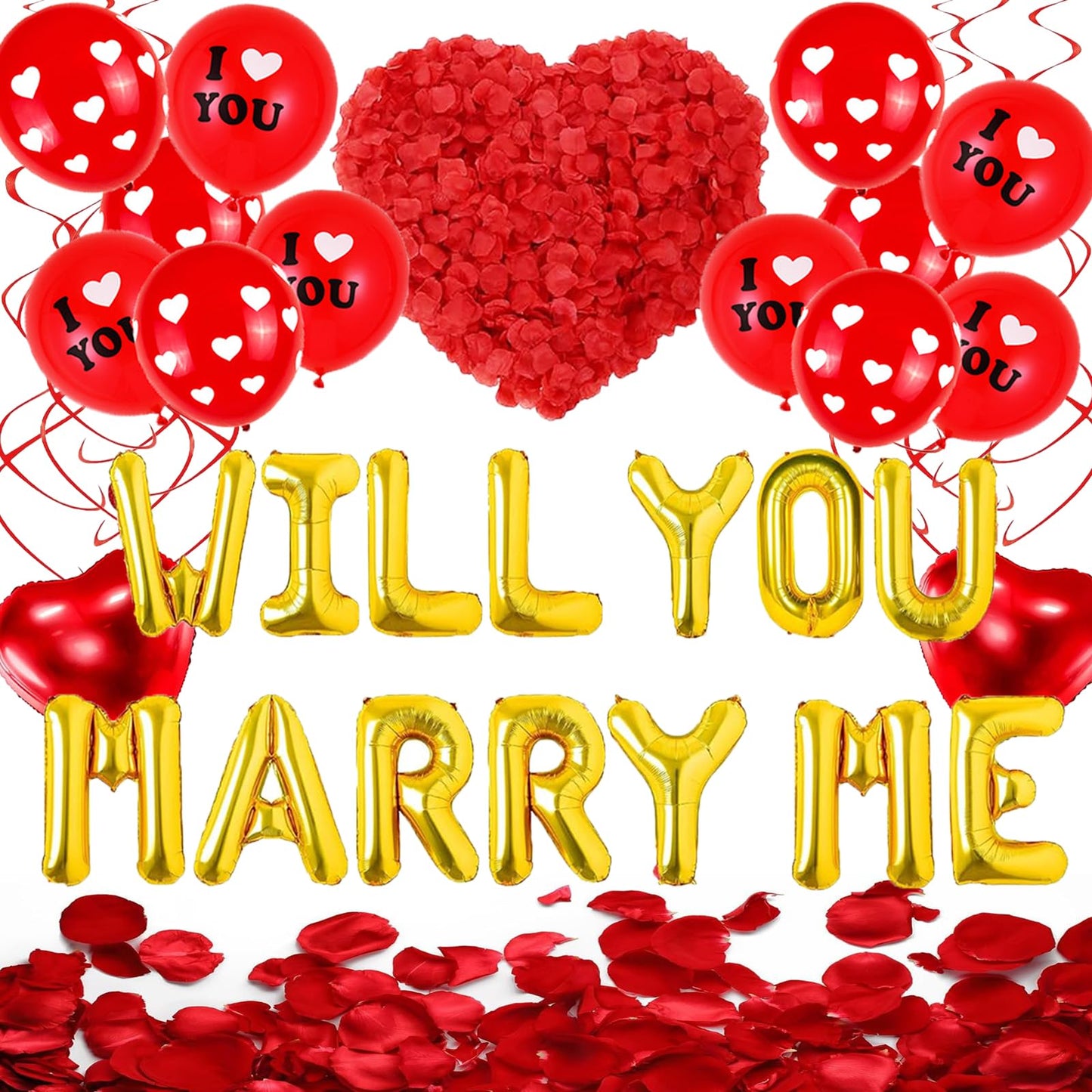 138 Pcs Will You Marry Me Decorations, Gold and Red I Love You Party Supplies, Swirls Foil Balloons Red Heart Balloons Rose Petals for Romantic Engagement Valentines Anniversary Decorations