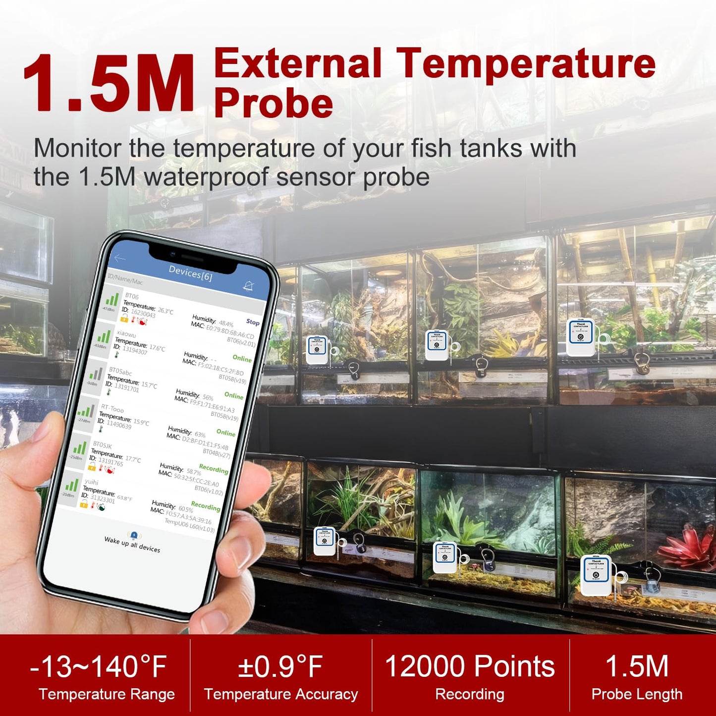 Aquarium Thermometer, Aprvtio TE-B2 ET Smart Fish Tank Thermometer, Refrigerator Temperature Data Logger with Free App Monitor Alert, Free Data Export, Temperature Data Logger for Greenhouse Reptile