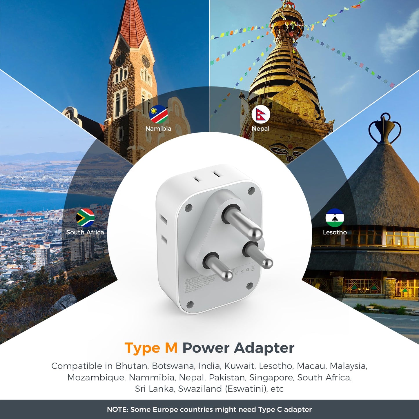 South Africa Plug Adapter 2 Pack, TESSAN Type M Power Adapter with 4 AC Outlets 3 USB Ports(1 USB C), Travel Adaptor US to Botswana Namibia Nepal Bhutan