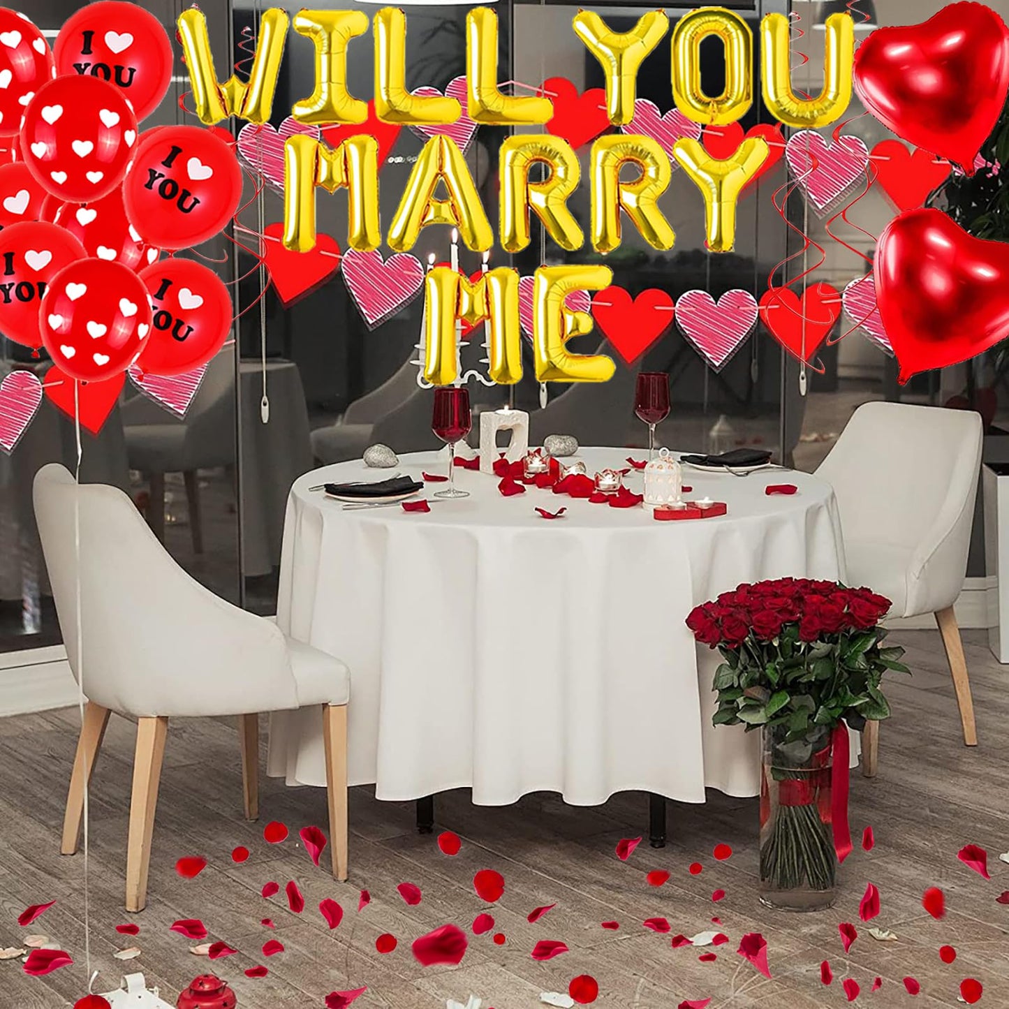 138 Pcs Will You Marry Me Decorations, Gold and Red I Love You Party Supplies, Swirls Foil Balloons Red Heart Balloons Rose Petals for Romantic Engagement Valentines Anniversary Decorations