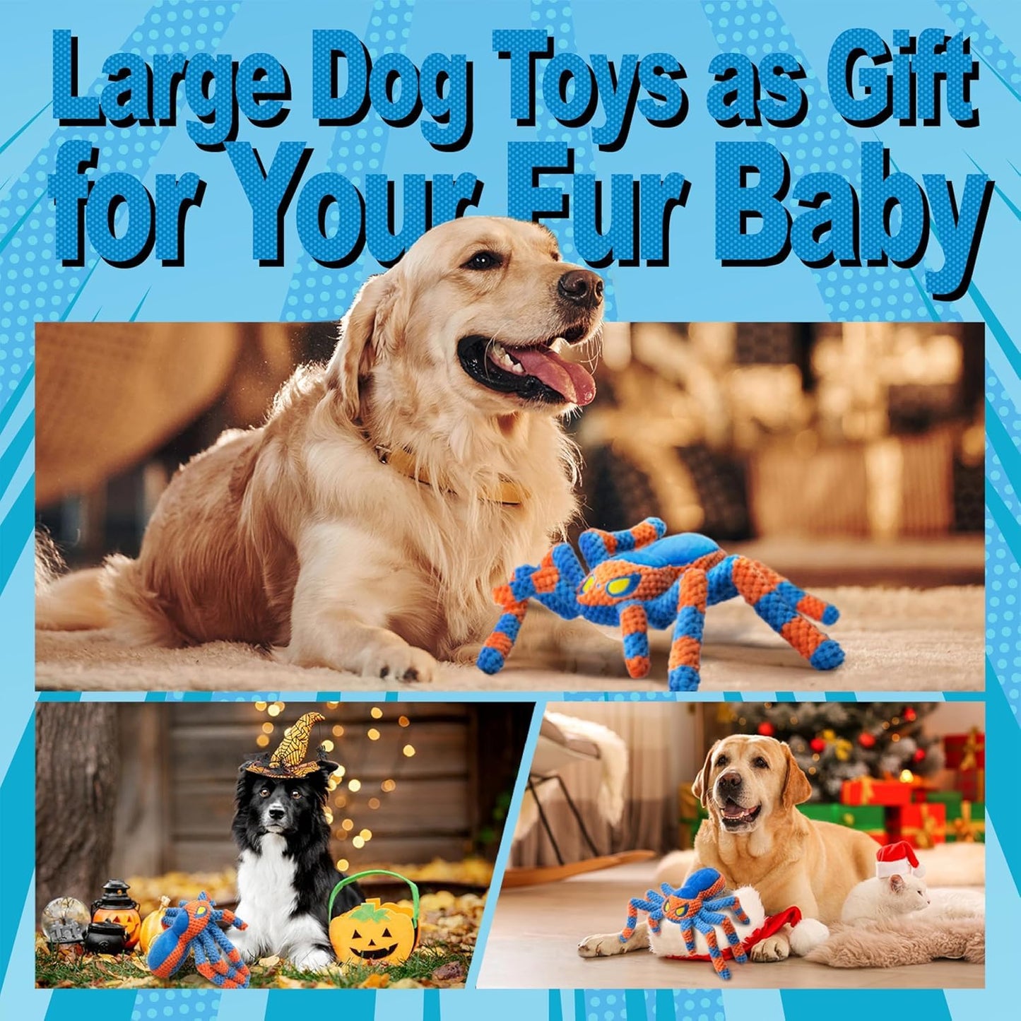 LEGEND SANDY Dog Toys for Aggressive Chewers, Large Dog Toys to Keep Them Busy, Interactive Pet Toys, Squeaky Puppies Toys, Tug of War Puppy Toy, Crinkle Doggeis Toy (Blue Spider)