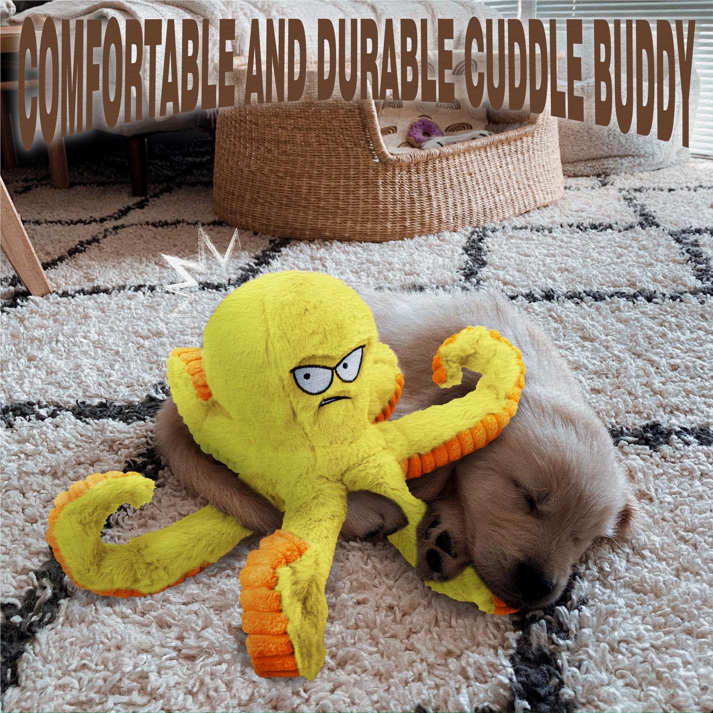 LEGEND SANDY Tough Dog Toys, Stuffed Chew Large Dog Toys to Keep Them Busy, Interactive Squeaky Tug of War Doggie Toy, Crinkle Yellow Octopus