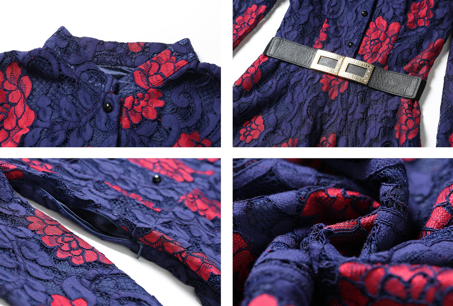 LAI MENG FIVE CATS Women's Flowy Lace Floral Hollow Out Short Sleeve Dress with Belt Navy Red