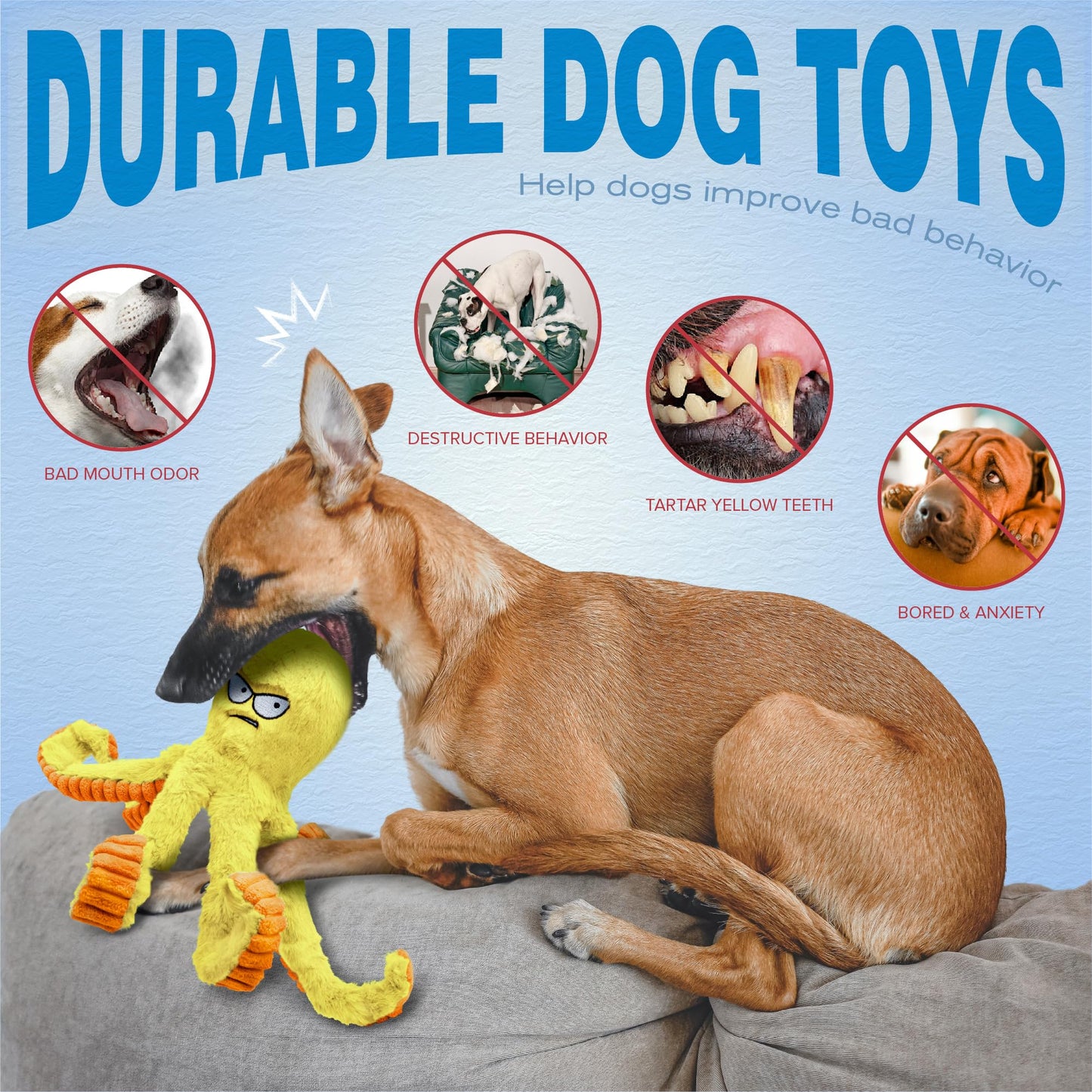 LEGEND SANDY Tough Dog Toys, Stuffed Chew Large Dog Toys to Keep Them Busy, Interactive Squeaky Tug of War Doggie Toy, Crinkle Yellow Octopus