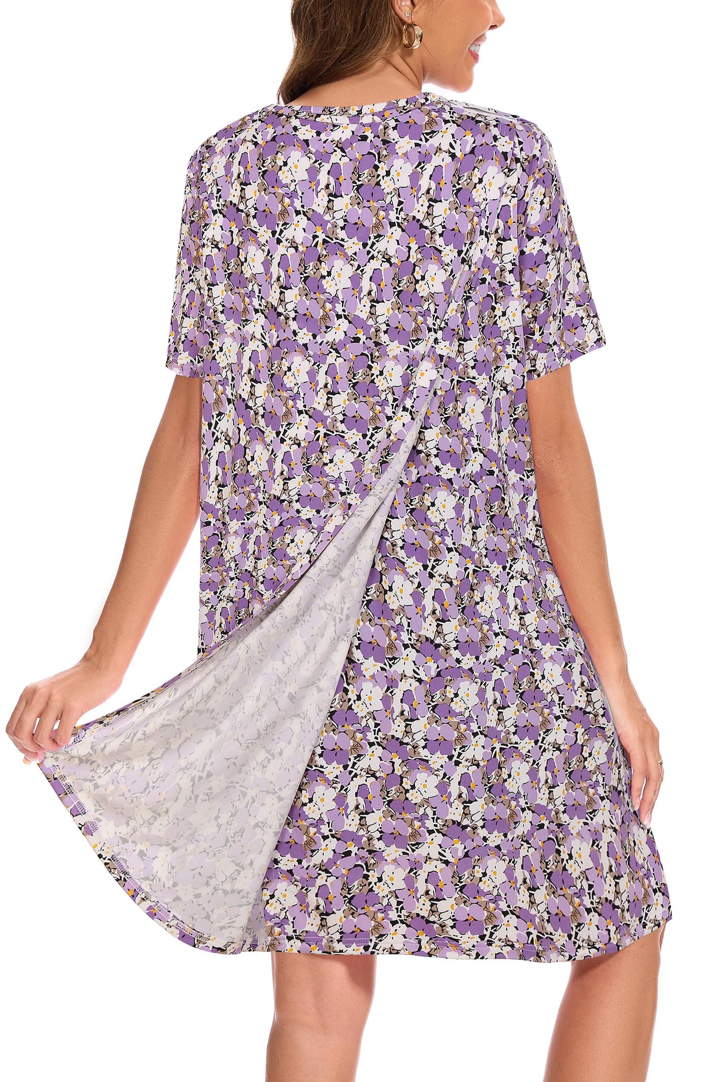 AVIIER Hospital Gowns for Women Open Back Adaptive Clothing Nightgowns Post Shoulder Surgery Dress Purple Flower S