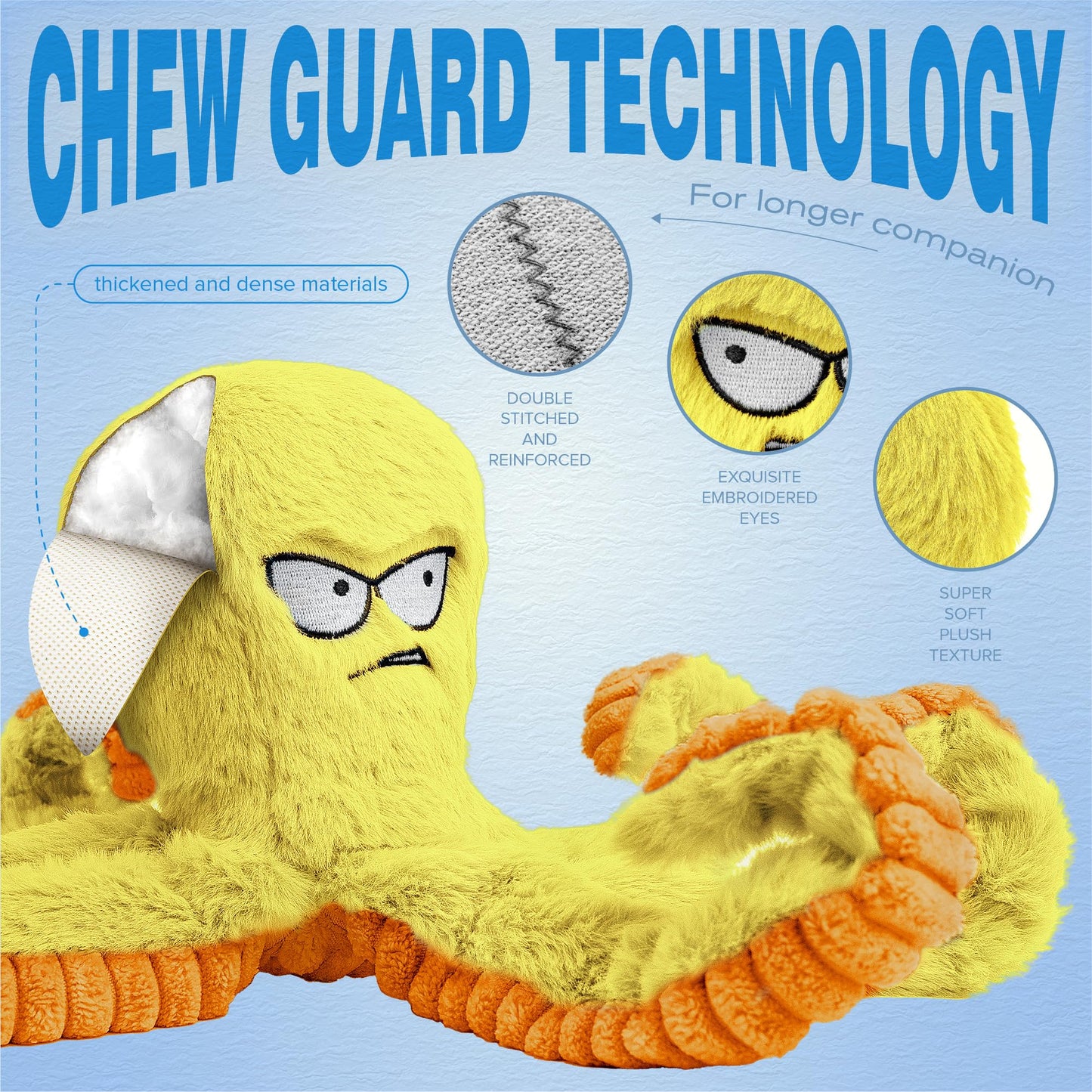 LEGEND SANDY Tough Dog Toys, Stuffed Chew Large Dog Toys to Keep Them Busy, Interactive Squeaky Tug of War Doggie Toy, Crinkle Yellow Octopus