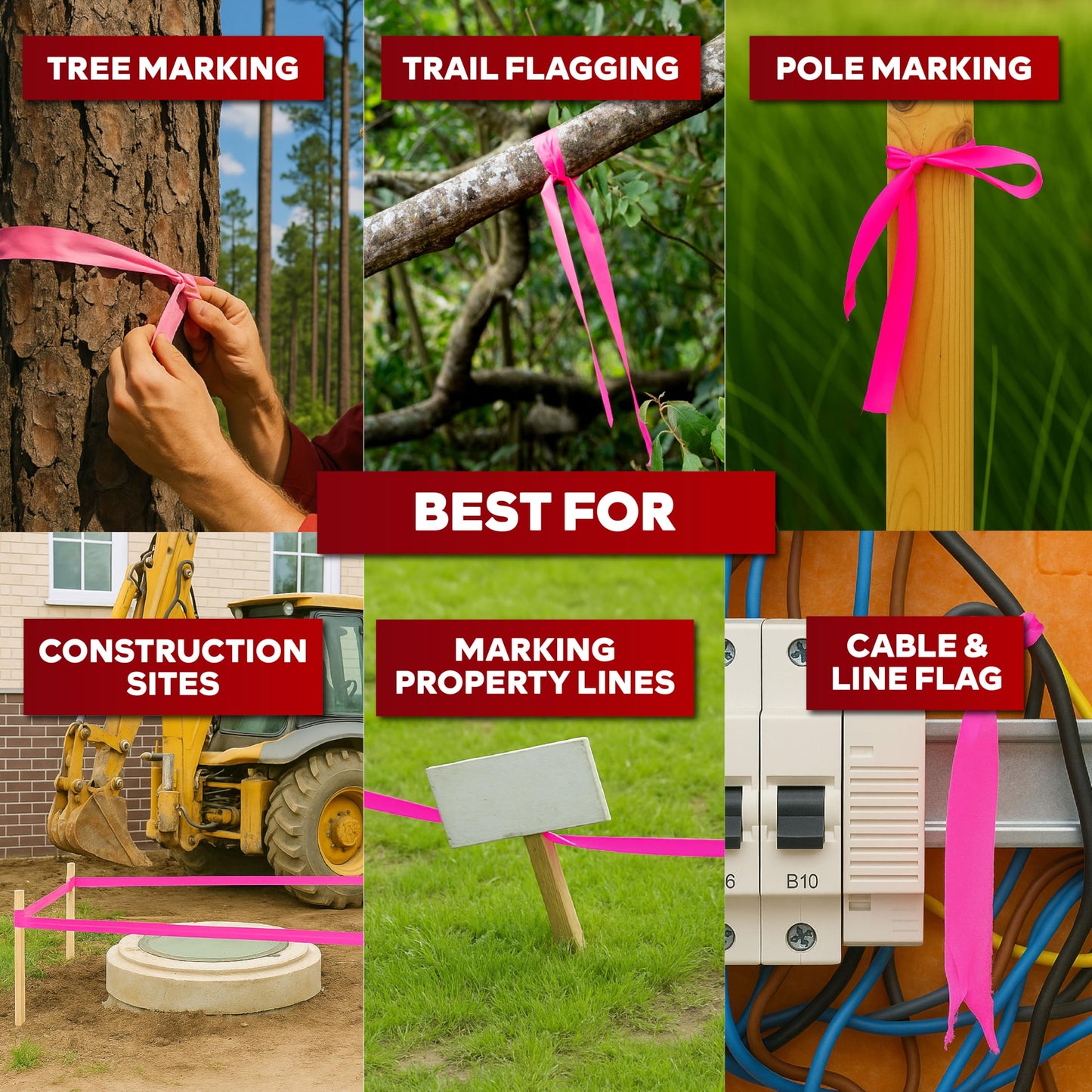 XFasten Pink Flagging Tape 12-Pack, 1-Inch x 1800 Feet Total Pink Marking Tape Ribbon, High Visibility Non-Fading Trail Marking Ribbon for Surveying, Trees, Construction Safety Caution - 150ft/roll