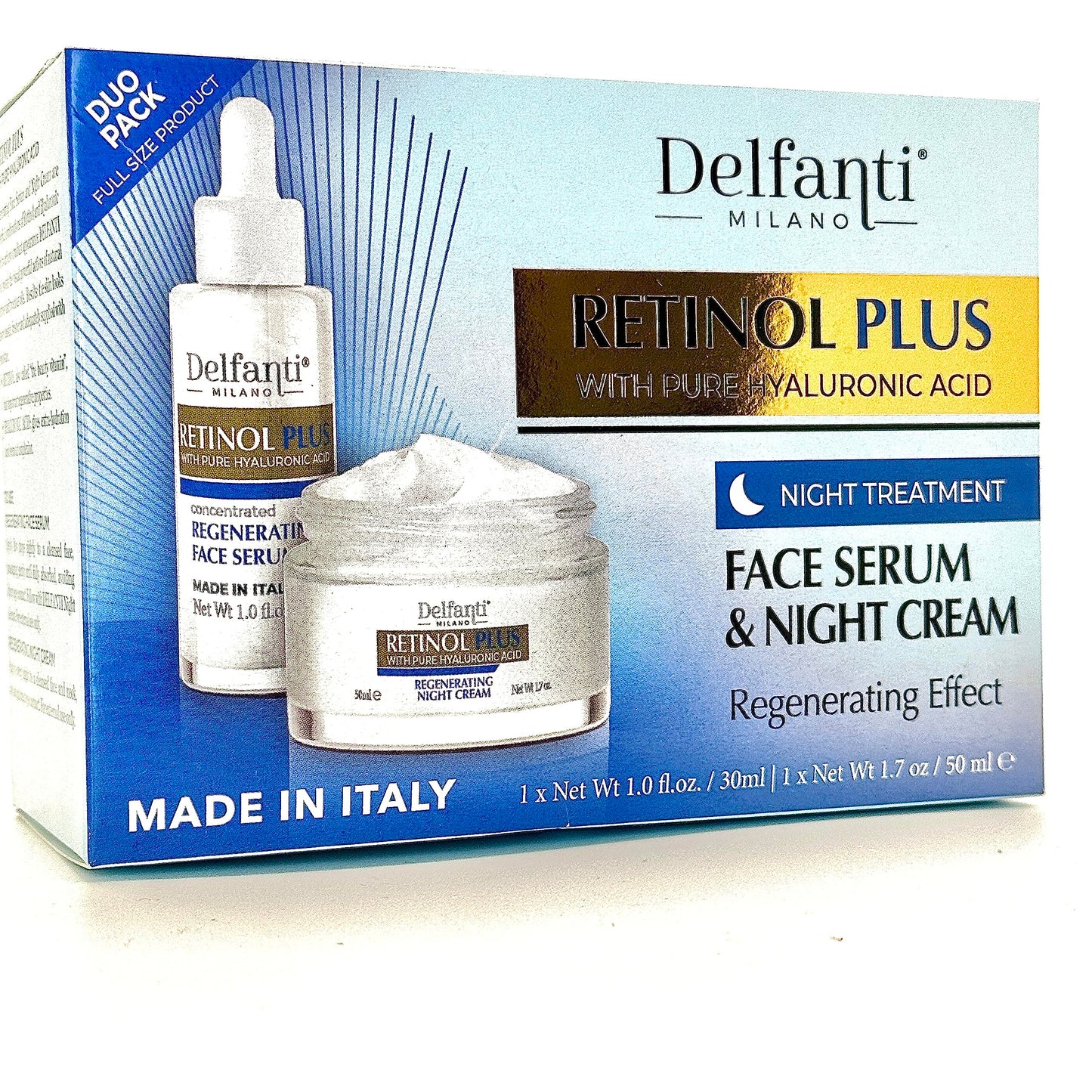 Delfanti Milano • RETINOL PLUS with pure HYALURONIC Acid • FULL SIZED NIGHT TREATMENT DUO PACK Concentrated Regenerating Serum and Night Cream for Face and Neck • Made in Italy