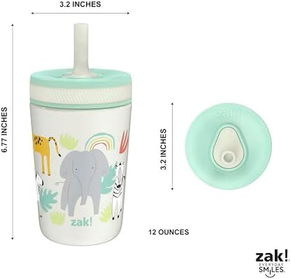 Zak Designs Kelso Toddler Cups For Travel or At Home, 12oz Vacuum Insulated Stainless Steel Sippy Cup With Leak-Proof Design is Perfect For Kids (Safari)
