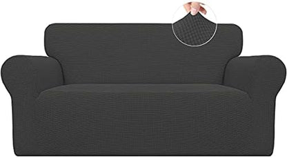 Easy-Going Stretch Loveseat Slipcover 1-Piece Sofa Cover Furniture Protector Couch Soft with Elastic Bottom for Kids Polyester Spandex Jacquard Fabric Small Checks (Loveseat, Dark Gray)