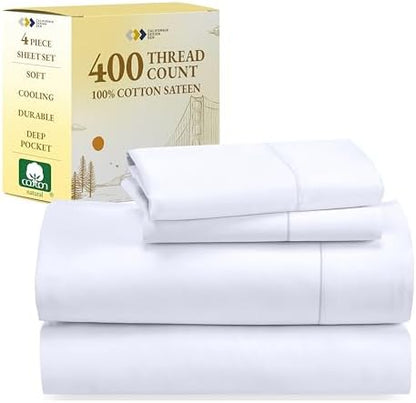 California Design Den Natural 100% Cotton Sheets Queen Size Bed Set - Soft 400 Thread Count Sateen, Queen Sheets, Deep Pockets with All Around Elastic for a Snug Fit, Cool & Durable Bedding - White