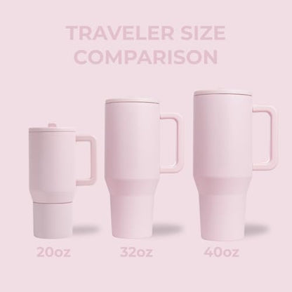 HydroJug Traveler - 40 oz Water Bottle with Handle & Flip Straw - Fits in Cup Holder, Leak Resistant Tumbler-Reusable Insulated Stainless Steel & Rubber Base - Gifts for Women & Men, Pink Sand