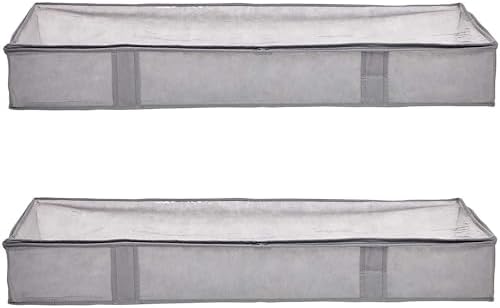 Amazon Basics Under Bed Fabric Zipper Blanket Storage Container Bags with Window and Handles, 2-Pack, 18 x 42 x 6 inches, Gray