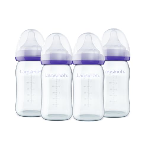 Lansinoh Anti-Colic Glass Baby Bottles, 5 Ounces, 4 Count Bottles for Feeding, Baby Essentials, Includes 4 Slow Flow Nipples, Size S