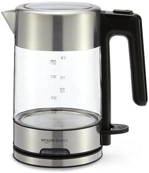 Amazon Basics Electric Kettle with Glass Carafe for Tea and Coffee, BPA-Free, Fast Boiling, Auto Shut-Off, 1 liter , 1500W, Glass and Steel