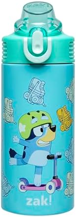 Zak Designs Bluey Sage Kids Water Bottle For School or Travel, 14oz Stainless Steel Water Bottle With Straw, Handle, and Leak-Proof, Pop-Up Spout Cover (Bluey & Bingo)