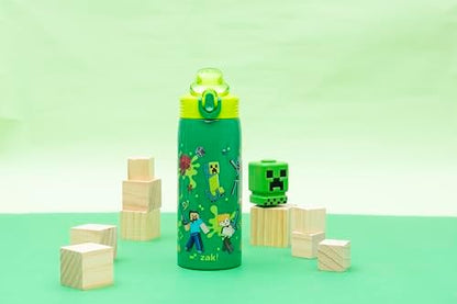 Zak Designs Minecraft Sage Kids Water Bottle For School or Travel, 19oz Stainless Steel Water Bottle With Straw, Handle, and Leak-Proof, Pop-Up Spout Cover (Steve, Alex, Mobs)