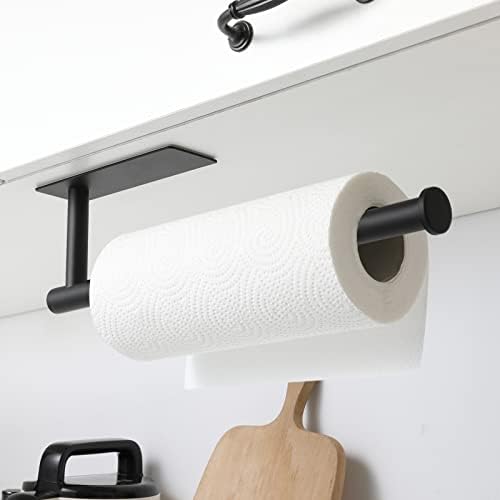 theaoo Paper Towel Holder - Under Cabinet Paper Towel Holder for Kitchen, Adhesive Paper Towel Roll Rack for Bathroom Towel, Wall Mounted Matte Black Paper Towel Rack, SUS304 Stainless Steel