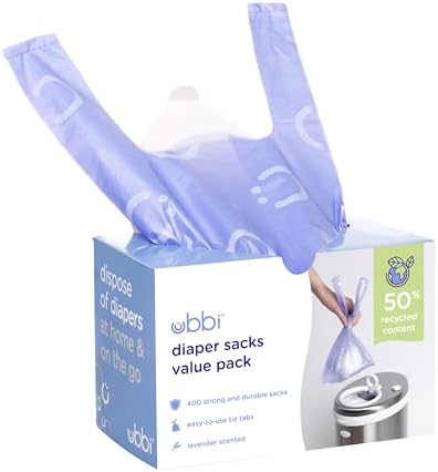 Ubbi Disposable Nappy Sacks, Lavender Scented, Easy-To-Tie Tabs, Baby Diaper Disposal or Pet Waste Bags, Value Pack, 400 Count