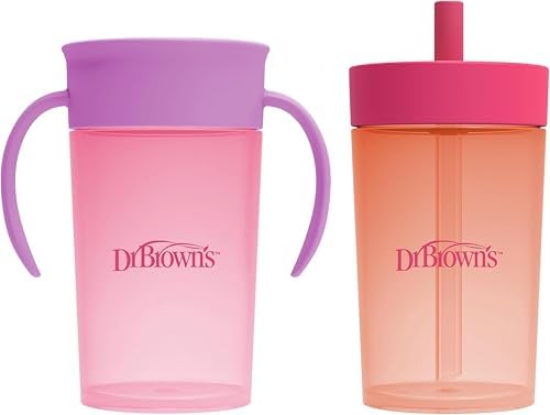 Dr. Brown's Milestones Straw to 360° Cup Set, Convertible Toddler Training Cup Set with Interchangeable Silicone Straw and 360 Degree Cup Lids, Pink Coral, 10 oz/300 mL, BPA Free, 9m+, 2 Pack