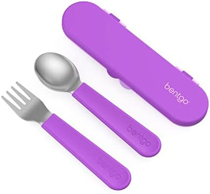 Bentgo® Kids Stainless Steel Utensil Set - Reusable Fork, Spoon & Storage Case - High-Grade BPA-Free Stainless Steel, Easy-Grip Handles, Dishwasher Safe for School Lunch, Travel & Outdoors (Purple)