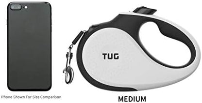 TUG 360° Tangle-Free Retractable Dog Leash | 16 ft Strong Nylon Tape | One-Handed Brake, Pause, Lock (Medium, White)