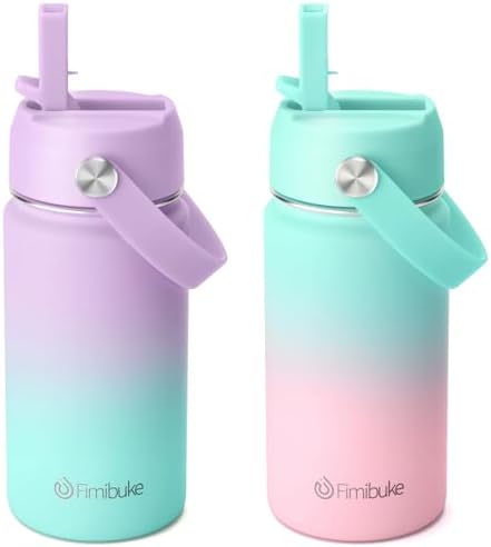 Fimibuke Kids Insulated Water Bottle - 14oz BPA-FREE 18/8 Stainless Steel Travel Tumbler Leak Proof Double Wall Vacuum Kid Cup with Straw Metal Water Bottle for School Boys Girls（2 Pack, Candy/Bubble）