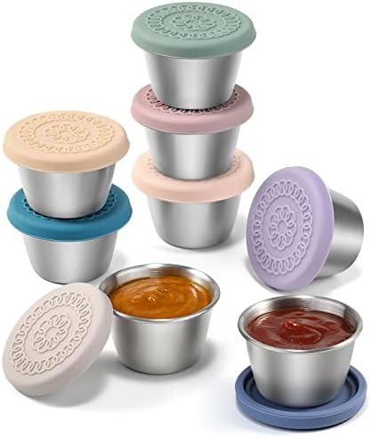 [8 Pack] Salad Dressing Container To Go, 2.4oz Small Condiment Containers with Leakproof Silicone Lids, Reusable Stainless Steel Sauce Cups for Lunch Bento Box, Picnic and Travel