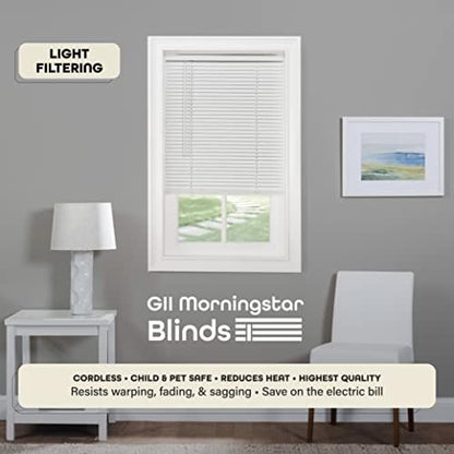 Cordless Light Filtering Mini Blind - 26 Inch Width, 64 Inch Length, 1" Slat Size - Pearl White - Cordless GII Morningstar Horizontal Windows Blinds for Interior by Achim Home Decor