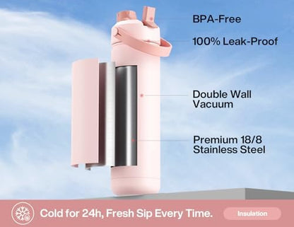 26 oz Insulated Water Bottle with 2-in-1 Straw and Spout Lid, Keep Cold 24H, Leak-Proof, Fits in Car Cup Holder, Stainless Steel Water Bottle for Sports, Travel, and School (Cotton Candy)