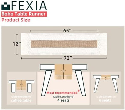 FEXIA Boho Table Runner for Summer Home Decor with Tassels 72 Inches Long Farmhouse Rustic Table Runner Macrame Burlap Table Decoration for Living Room Bridal Shower(12x72 Inches)
