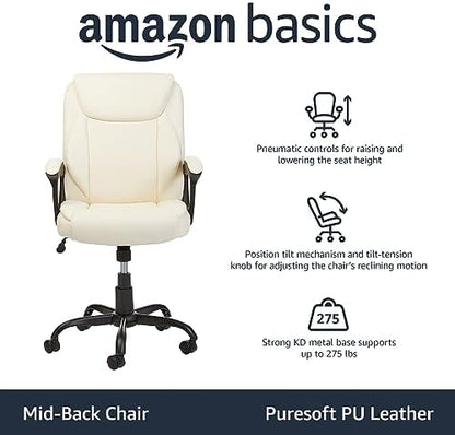 Amazon Basics Classic Puresoft PU Padded Mid-Back Height Adjustable Office Computer Desk Chair with Armrest, 26"D x 23.75"W x 42"H, Cream