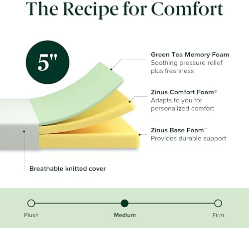 ZINUS 5 Inch Green Tea Memory Foam Mattress [New Version], Twin, Fiberglass free, Medium Firm Feel, Zoned Pressure Relief, Certified Safe Foams & Fabric, Mattress in A Box