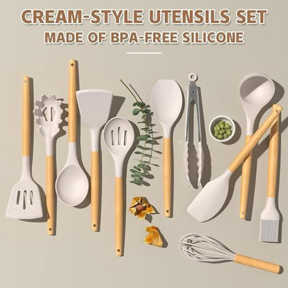Umite Chef Kitchen Cooking Utensils Set, 33 pcs Non-Stick Silicone Cooking Kitchen Utensils Spatula Set with Holder, Wooden Handle Silicone Kitchen Gadgets Utensil Set (Khaki)