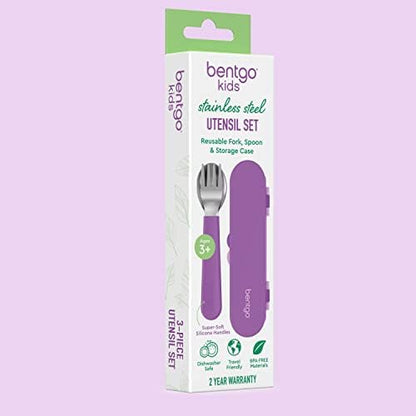 Bentgo® Kids Stainless Steel Utensil Set - Reusable Fork, Spoon & Storage Case - High-Grade BPA-Free Stainless Steel, Easy-Grip Handles, Dishwasher Safe for School Lunch, Travel & Outdoors (Purple)