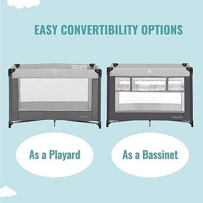 Dream On Me Zazzy Portable Playard with Bassinet in Grey, Packable and Easy Setup Baby Playard, Lightweight and Portable Playard for Baby with Mattress and Travel Bag