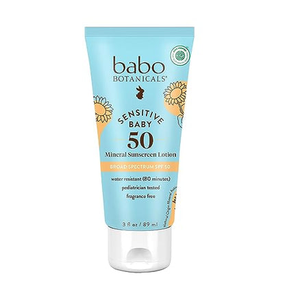 Babo Botanicals Sensitive Baby Mineral Sunscreen Lotion SPF50 - Natural Zinc Oxide - Face & Body - Fragrance-Free - Water-Resistant - EWG Verified - Vegan - Extra Sensitive Skin - For Babies & Kids