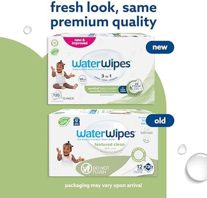 WaterWipes Textured Clean, Toddler & Baby Wipes, 99.9% Water, 3-In-1 Cleans, Cares, Protects, Unscented & Hypoallergenic, 720 Count (12 Packs), Packaging May Vary