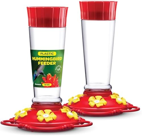 Hummingbird Feeder 10 oz [Set of 2] Plastic Feeders for Outdoors, with Built-in Ant Guard - Circular Perch with 5 Feeding Ports - Wide Mouth for Easy Filling/2 Part Base for Easy Cleaning