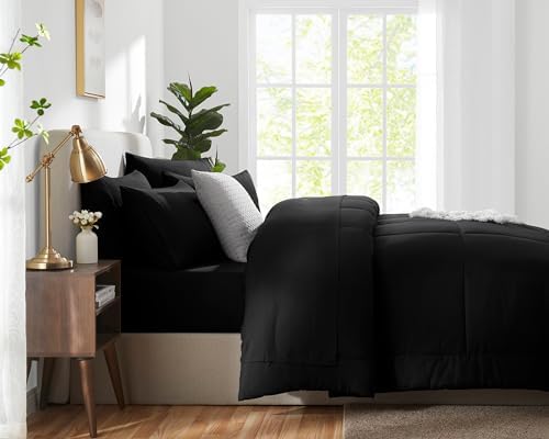 CozyLux Queen Comforter Set Black 7 Pieces Bed in a Bag Black Premium Comforters Queen Size Bed Set Bedding Sets Queen with All Season Stitch Quilted Comforter, Flat Sheet, Fitted Sheet, Pillowcases