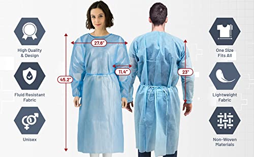 MEDICAL NATION 120 Pack Disposable Isolation Gowns - Blue Level 2 SMS 40gsm Non-Woven Material - PPE Gowns Disposable for Dental, Medical Use, Fluid-Resistant and Latex-Free Gowns, Universal Size