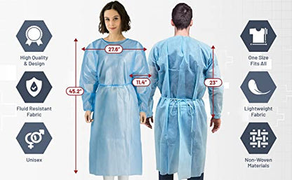 MEDICAL NATION 120 Pack Disposable Isolation Gowns - Blue Level 2 SMS 40gsm Non-Woven Material - PPE Gowns Disposable for Dental, Medical Use, Fluid-Resistant and Latex-Free Gowns, Universal Size