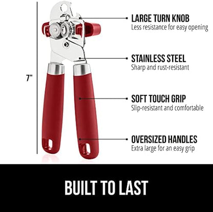GORILLA GRIP Heavy Duty Stainless Steel Smooth Edge Manual Can Opener and Bottle Openers, Soft Comfortable Handle, Oversized Handheld Turn Knob, US Designed Multifunctional Kitchen Tool, Red