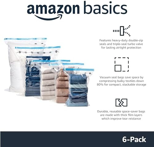 Amazon Basics Vacuum Compression Space Saving Storage Bags with Hand Pump for Clothes Packing, Jumbo, Clear, Pack of 6