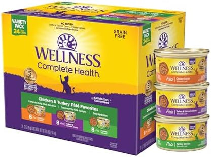 Wellness Complete Health Pate Adult Wet Cat Food, Natural, Protein-Rich, Grain-Free, 3 Ounce, 24 Pack, (Chicken & Turkey Variety Pack)